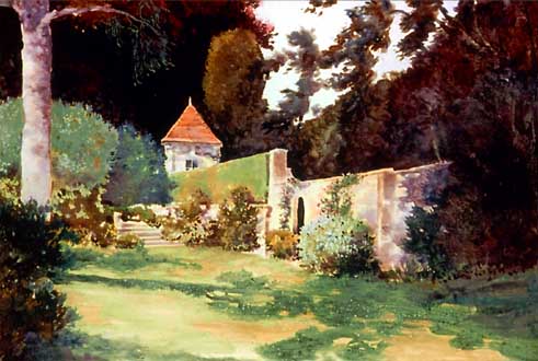 Watercolor painting South Garden, Athelhampton Hall by Dwight Williams.