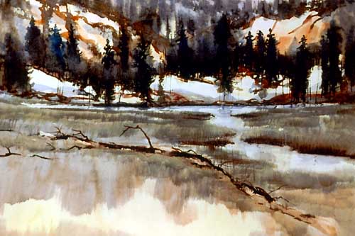 Watercolor painting Snowline Lake by Hugh Mossman.